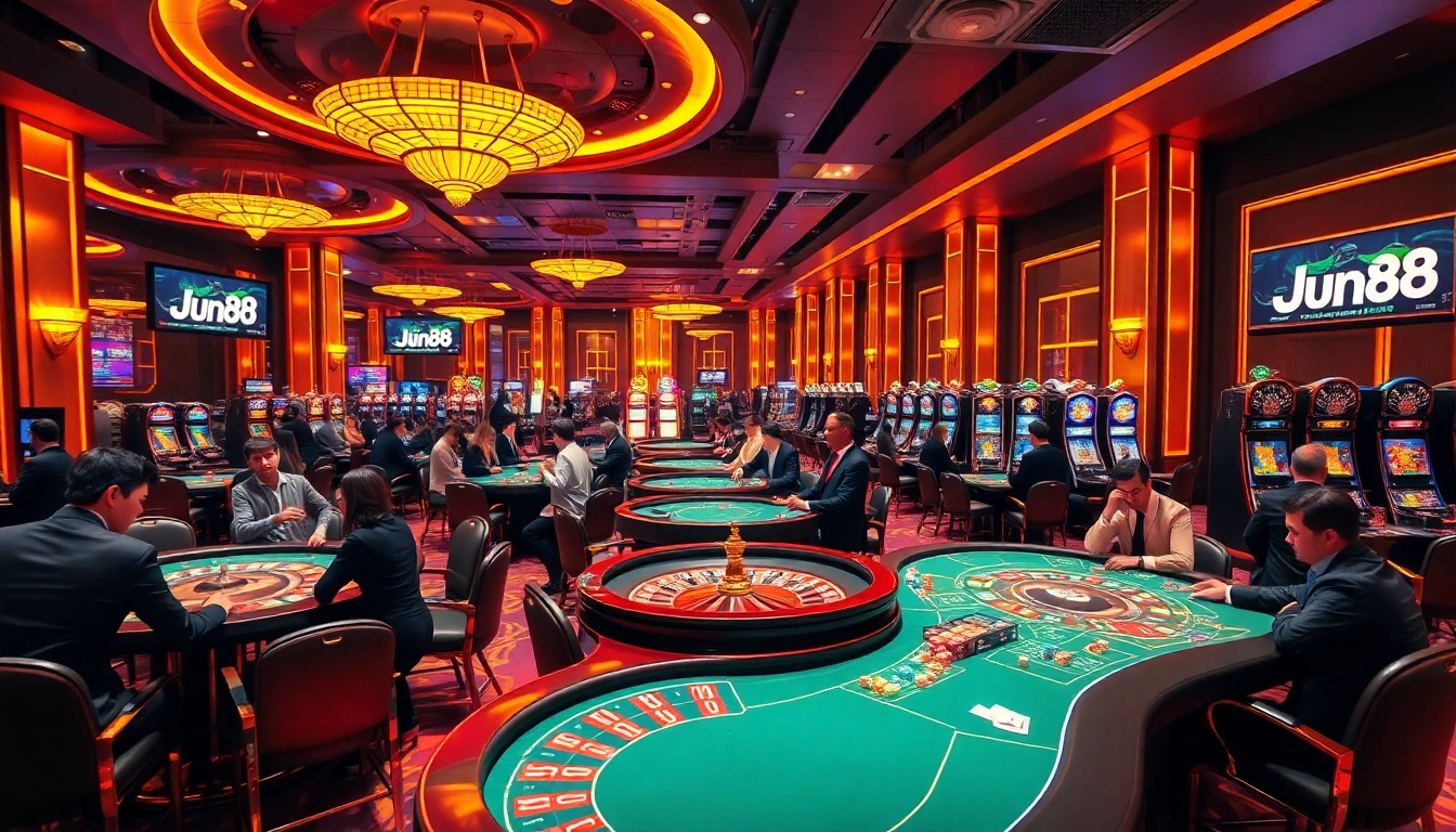 Experience the excitement of Jun88 casino with players at vibrant tables filled with chips and cards.