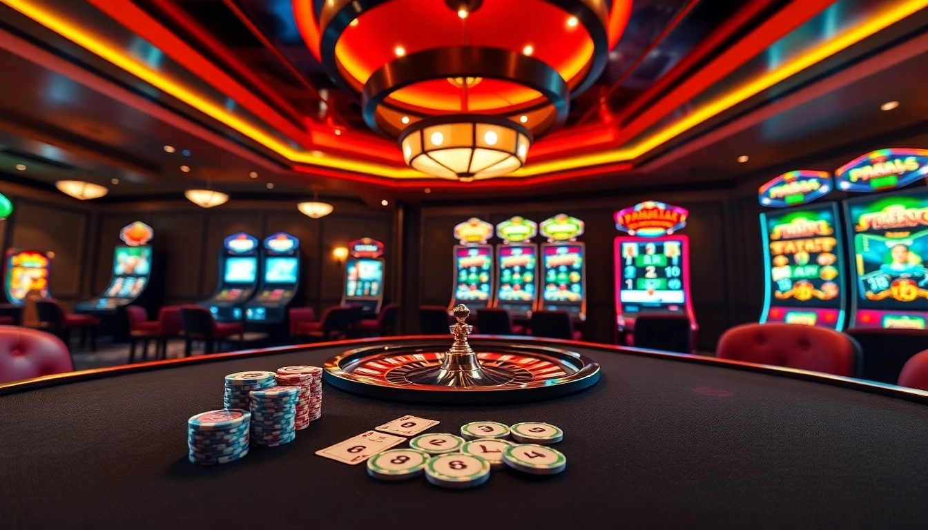 Players enjoying high-stakes games at a luxurious casino featuring pahala4d-themed slot machines and poker tables.