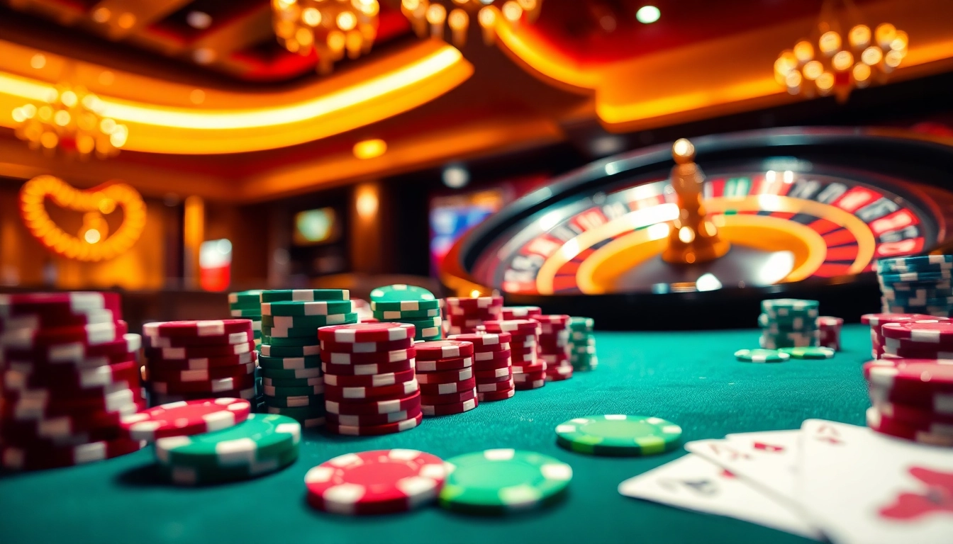 A casino table featuring action-packed gambling with lc88 poker chips and cards, exemplifying high-stakes excitement.