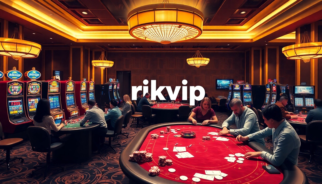 Engaging scene of players enjoying games on rikvip, showcasing casino tables and vibrant slot machines.