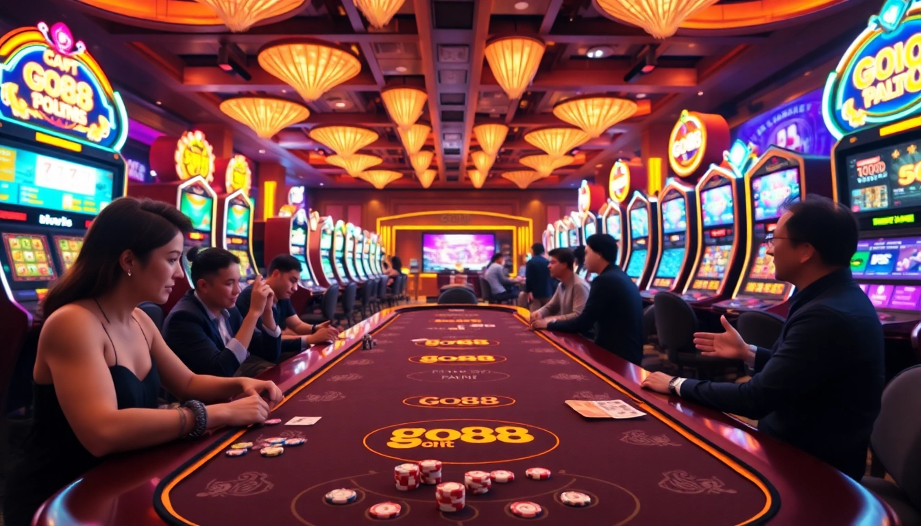 Exciting Go88 casino scene with players at a vibrant gaming table and colorful slot machines.