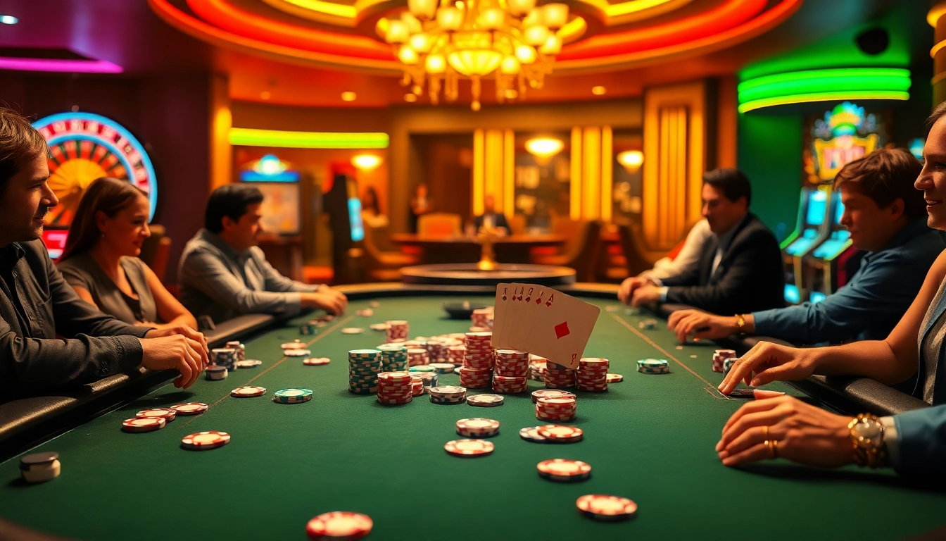 Players compete with excitement at a vibrant 79king poker table in a luxurious casino.