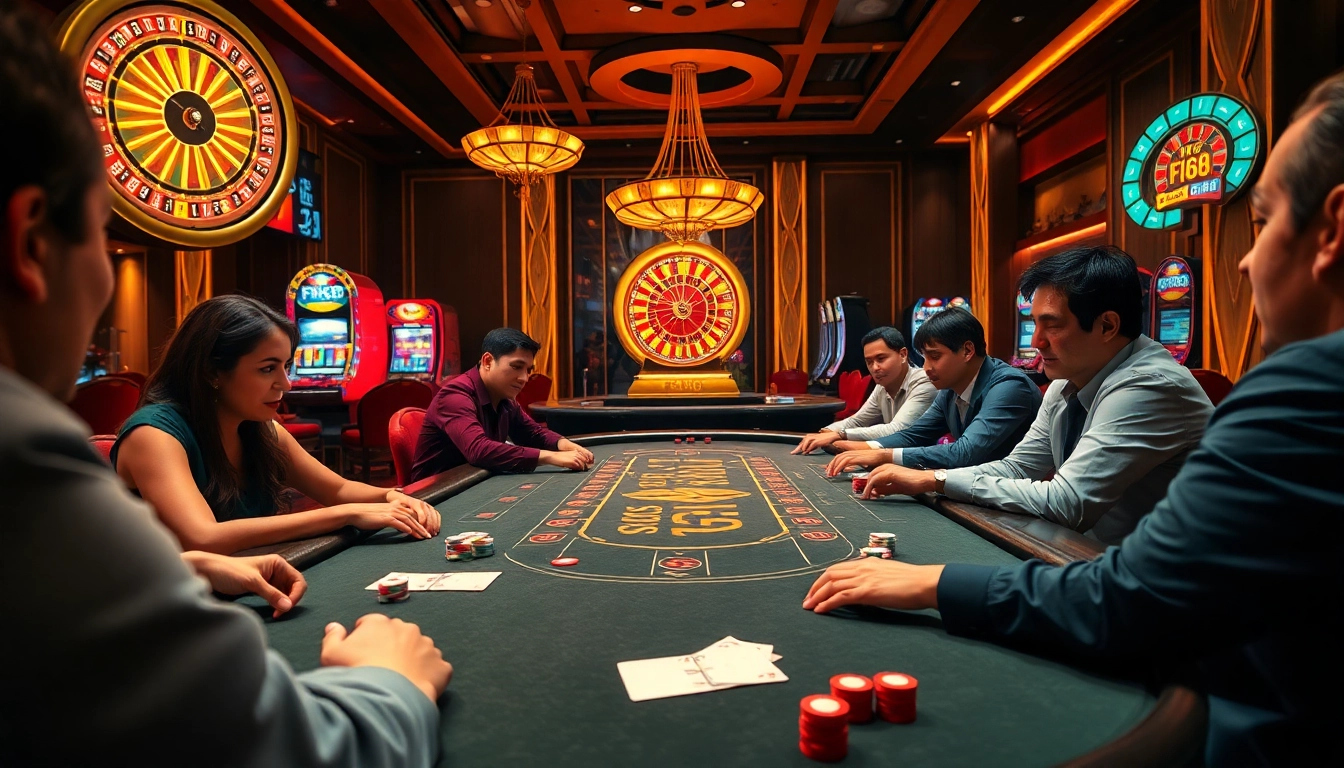 Engaged players enjoy high-stakes poker at a vibrant F168 casino table amidst luxury decor.