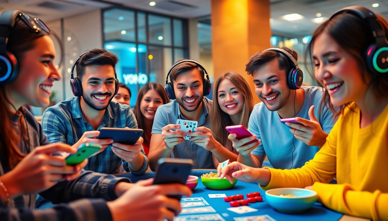 Engaging players immersed in Yono games on mobile devices in a vibrant setting.