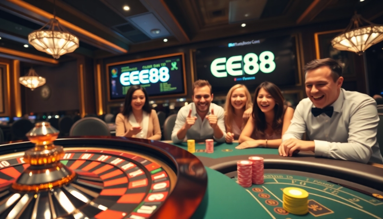 Engaging players at a casino table featuring EE88 branding and colorful poker chips.