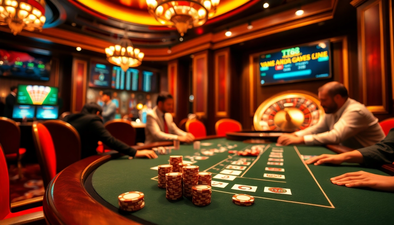 Experience the thrill of gambling at tt88 nhà cái with a vibrant poker table scene showcasing luxury and excitement.