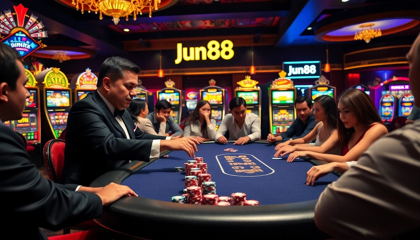 Players reveling in the excitement of Jun88 casino games at a luxurious poker table.
