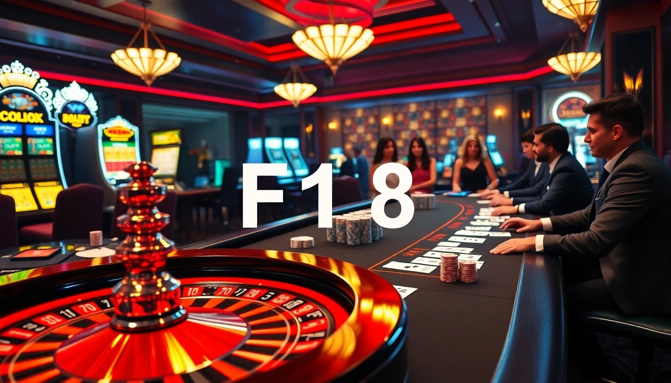 Exciting casino poker game with F168 branding, vibrant atmosphere, and professional dealers.