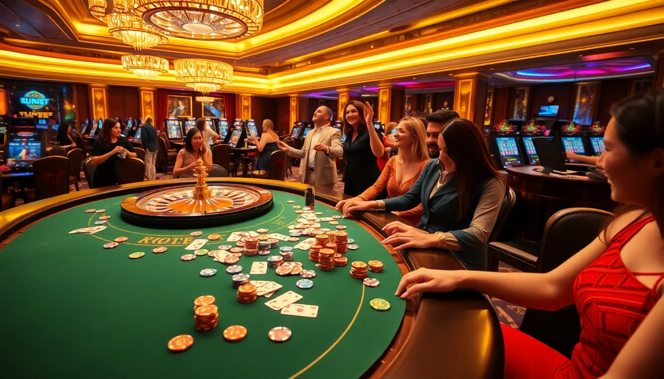 Kubet players celebrate wins at a luxurious poker table in a vibrant casino scene.