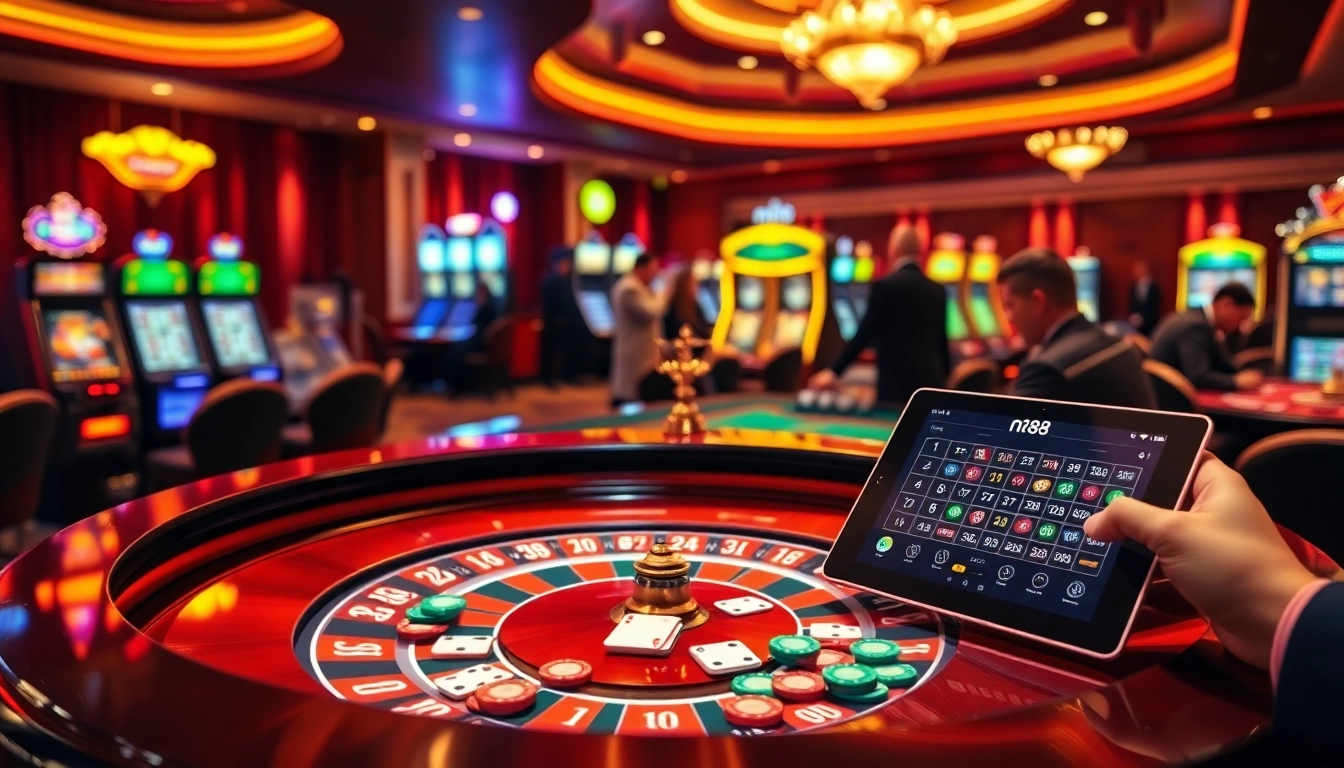 Players at a vibrant casino table engage in thrilling bets with nh88 elements included.