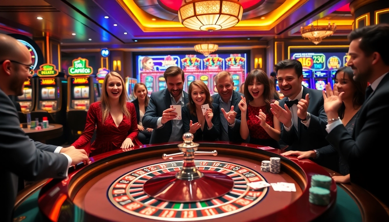 EE88 players engaging in an exciting roulette game at a vibrant casino scene.