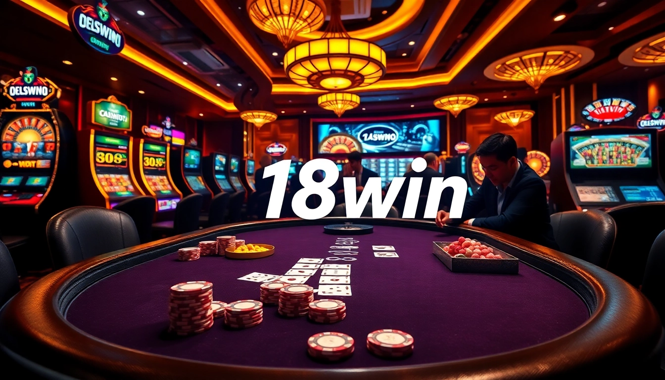 Exciting gaming scene at 18win casino with poker table and vibrant slot machines.
