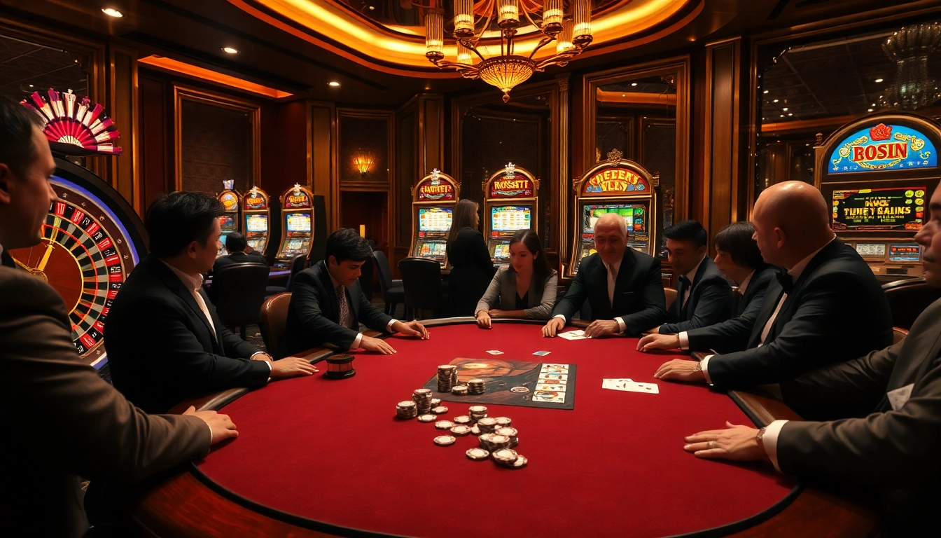 Engaging players strategizing at high-stakes poker table at https://tr88.work/ casino scene.