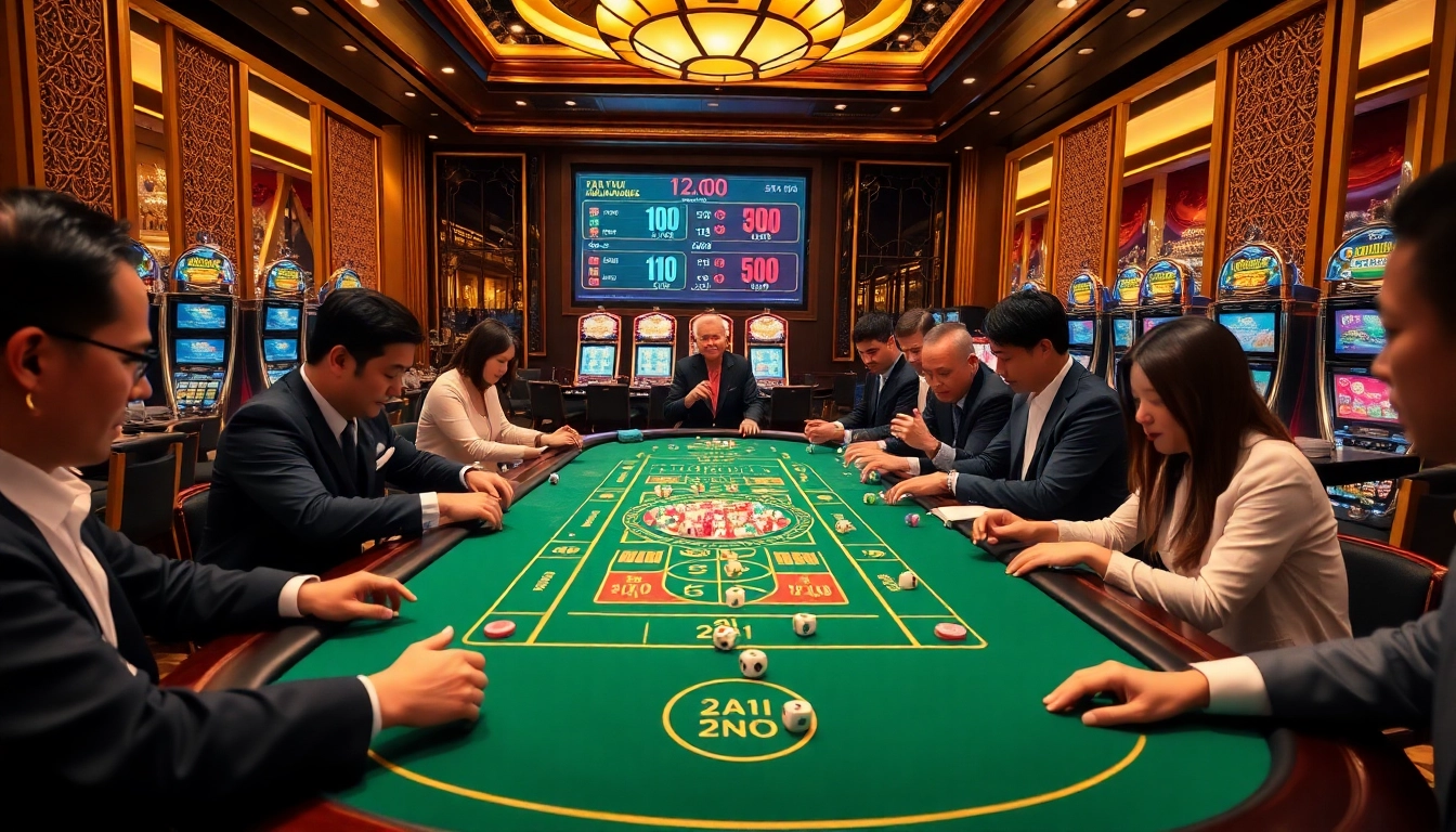 Players enjoying the game tài xỉu at a vibrant casino table with dice and betting chips.