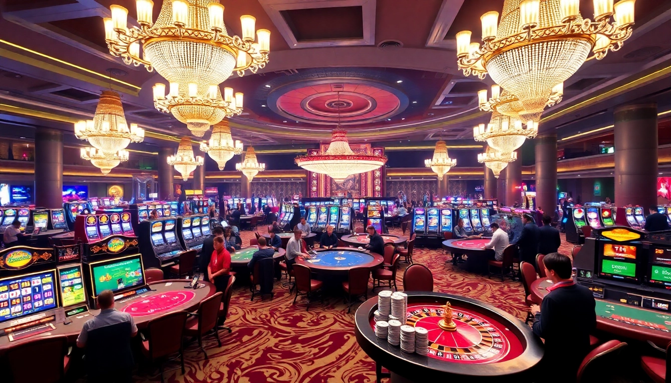 Experience thrilling gameplay at RR88's vibrant casino atmosphere with tables and slot machines.