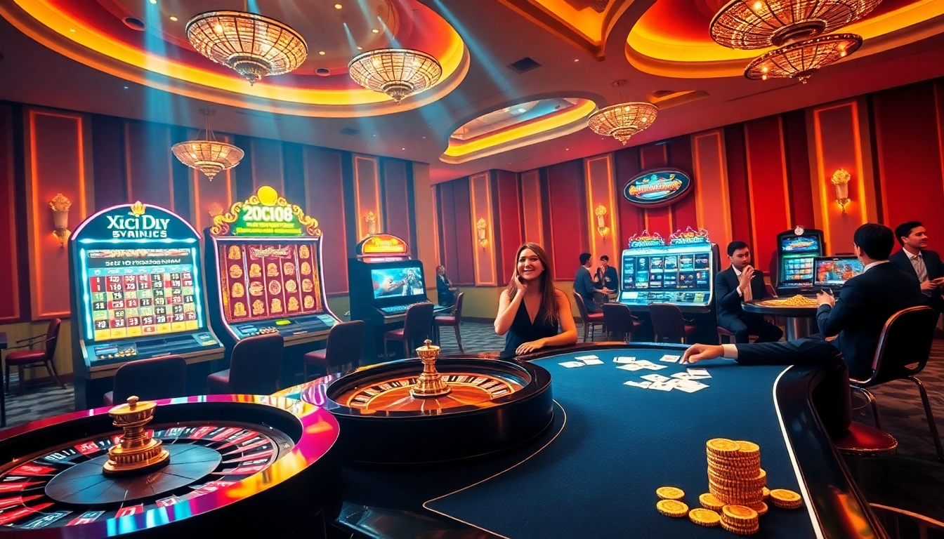 Players enjoying luxurious gaming at xocdia88 online casino with vibrant atmosphere.