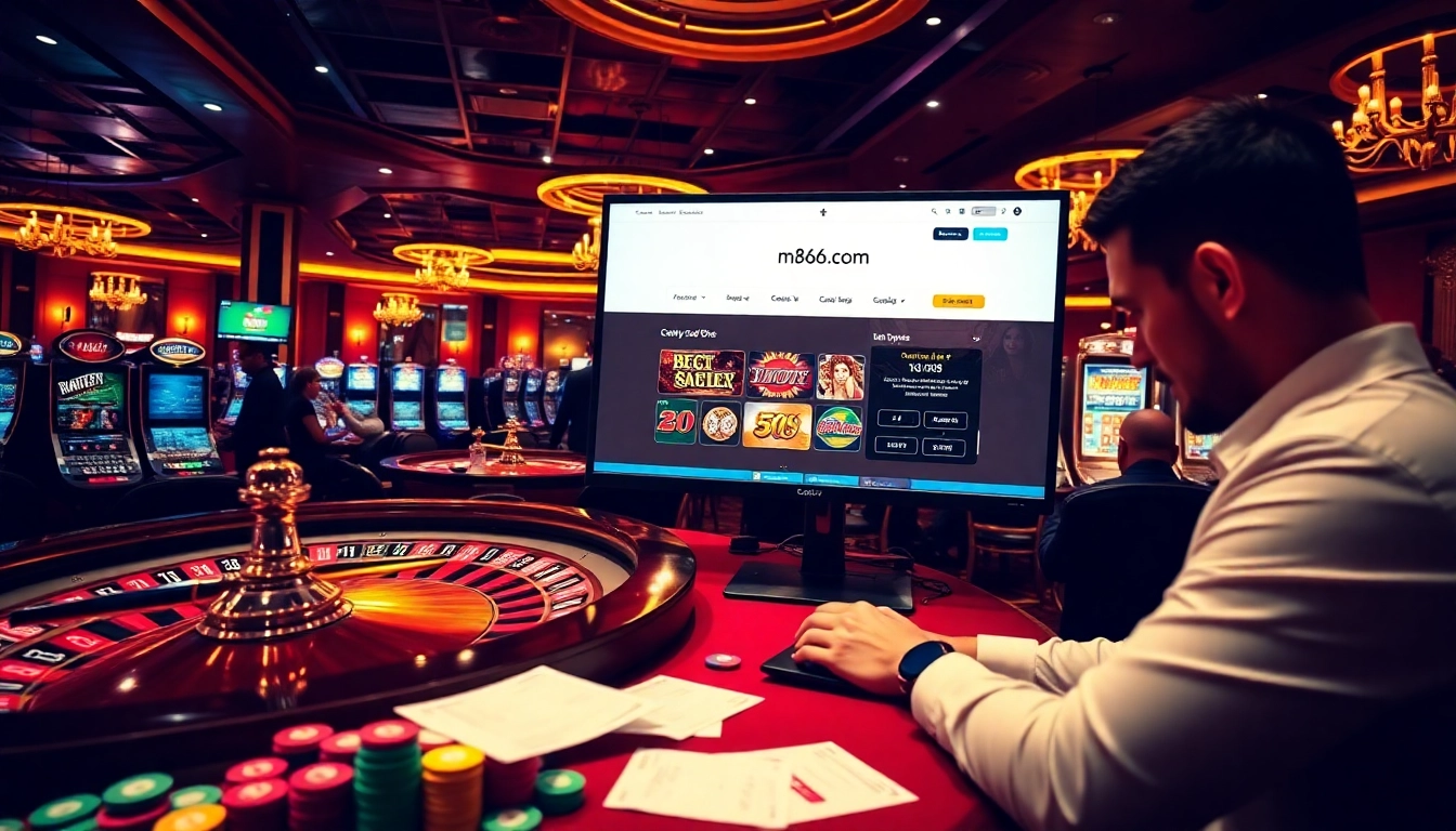 Exciting casino scene showcasing the luxurious vibes of mb66-t.com with roulette and poker games.