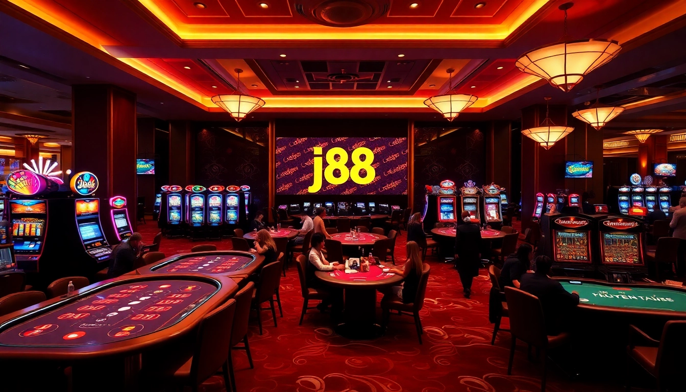 Players enjoying high-stakes gaming at the j88 casino with vibrant slot machines and blackjack tables.