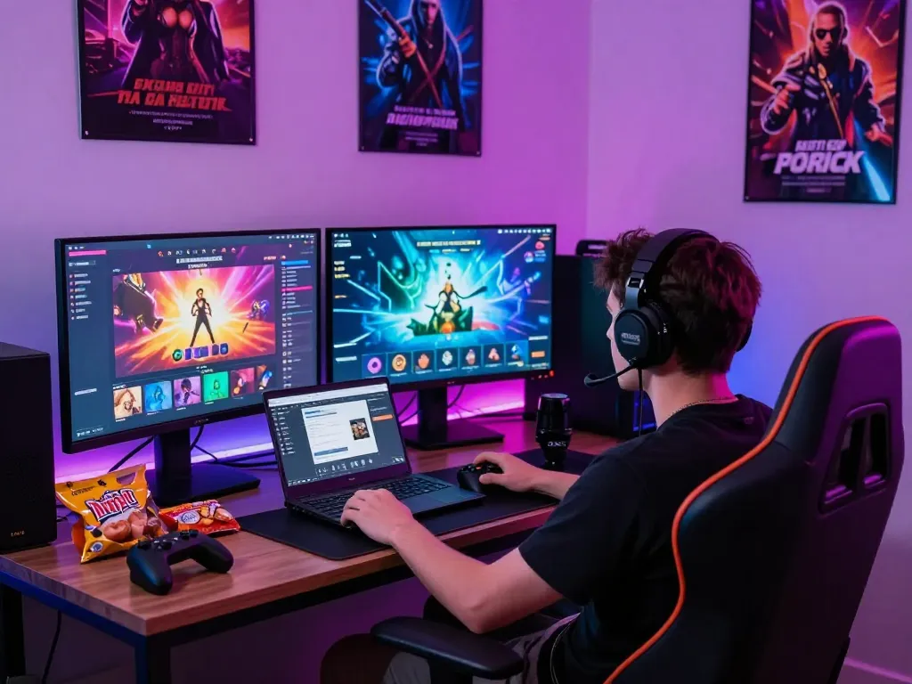 Engaged player enjoying adult game experience surrounded by vibrant game displays and LED lights.