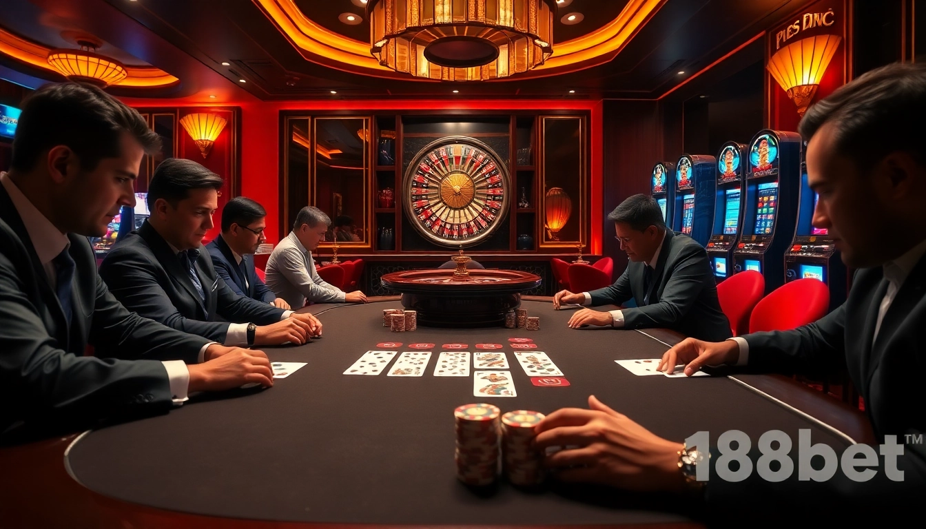 188bet players enjoying high-stakes poker at an elegant casino table in a vibrant, luxurious setting.