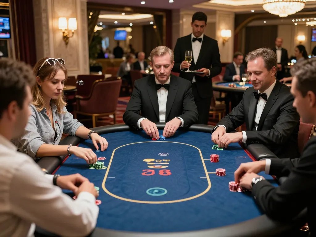 KONG88 high-stakes poker scene in luxurious VIP gaming area with engaged players and dynamic atmosphere
