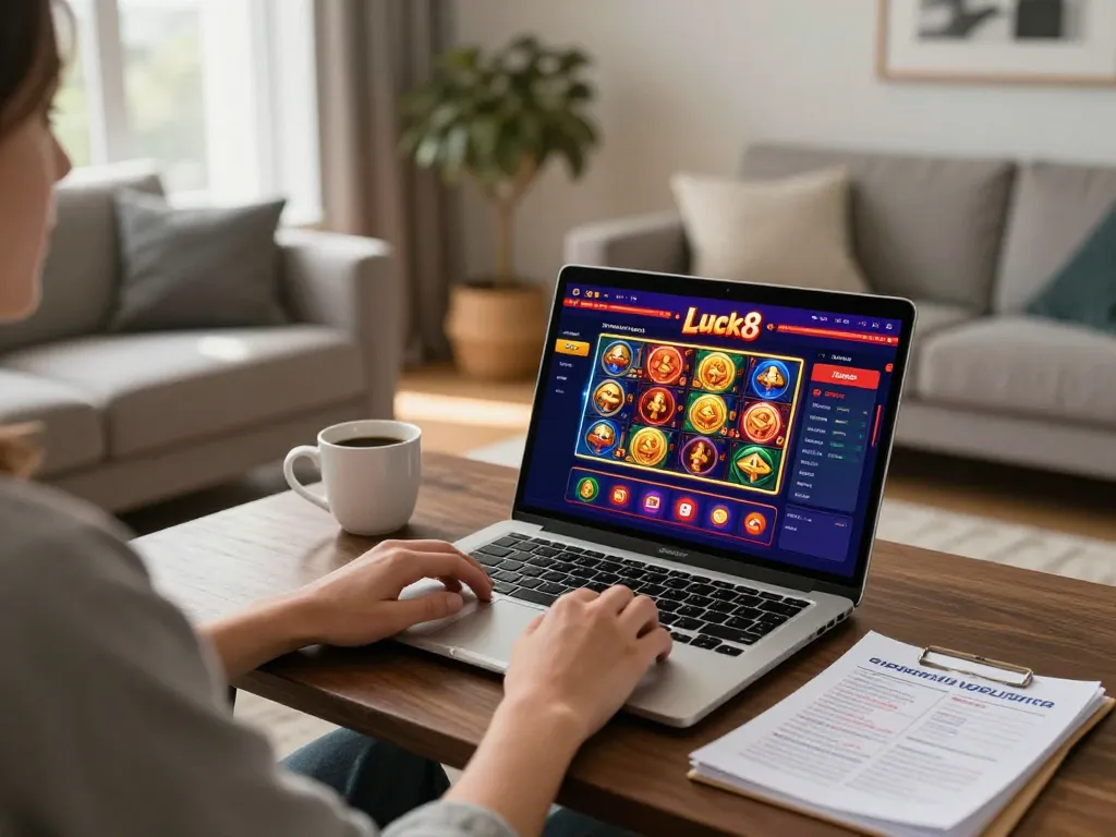 Engaging in an exciting online game at Luck8 casino from a cozy home setup.