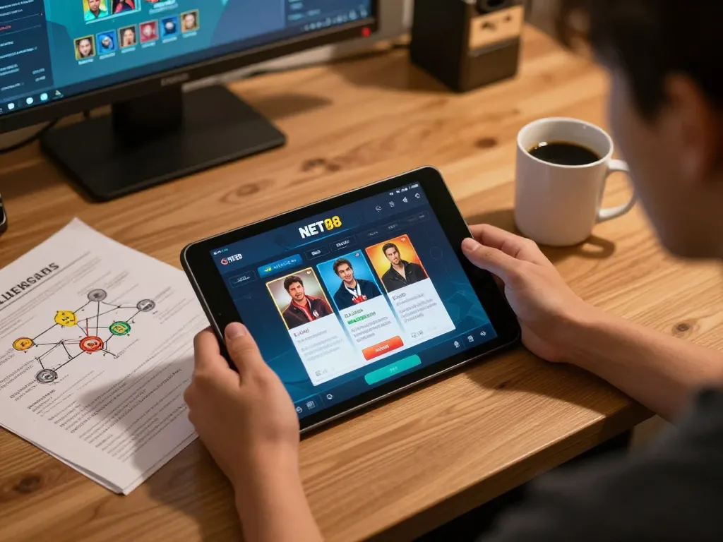 Person using the NET88 app for online gambling while enjoying a cozy home atmosphere