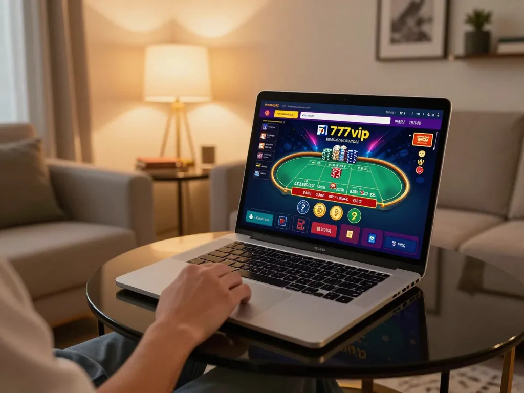 Engaging home online gambling setup with 777vip interface, showcasing live dealer gameplay.
