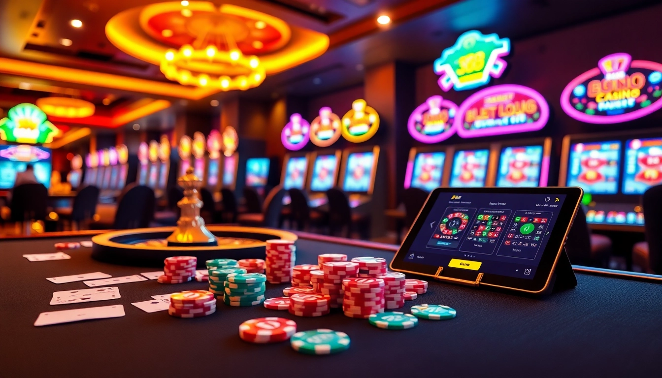 A thrilling online gambling scene with casino tables featuring j88 elements, vibrant slot machines and poker chips.