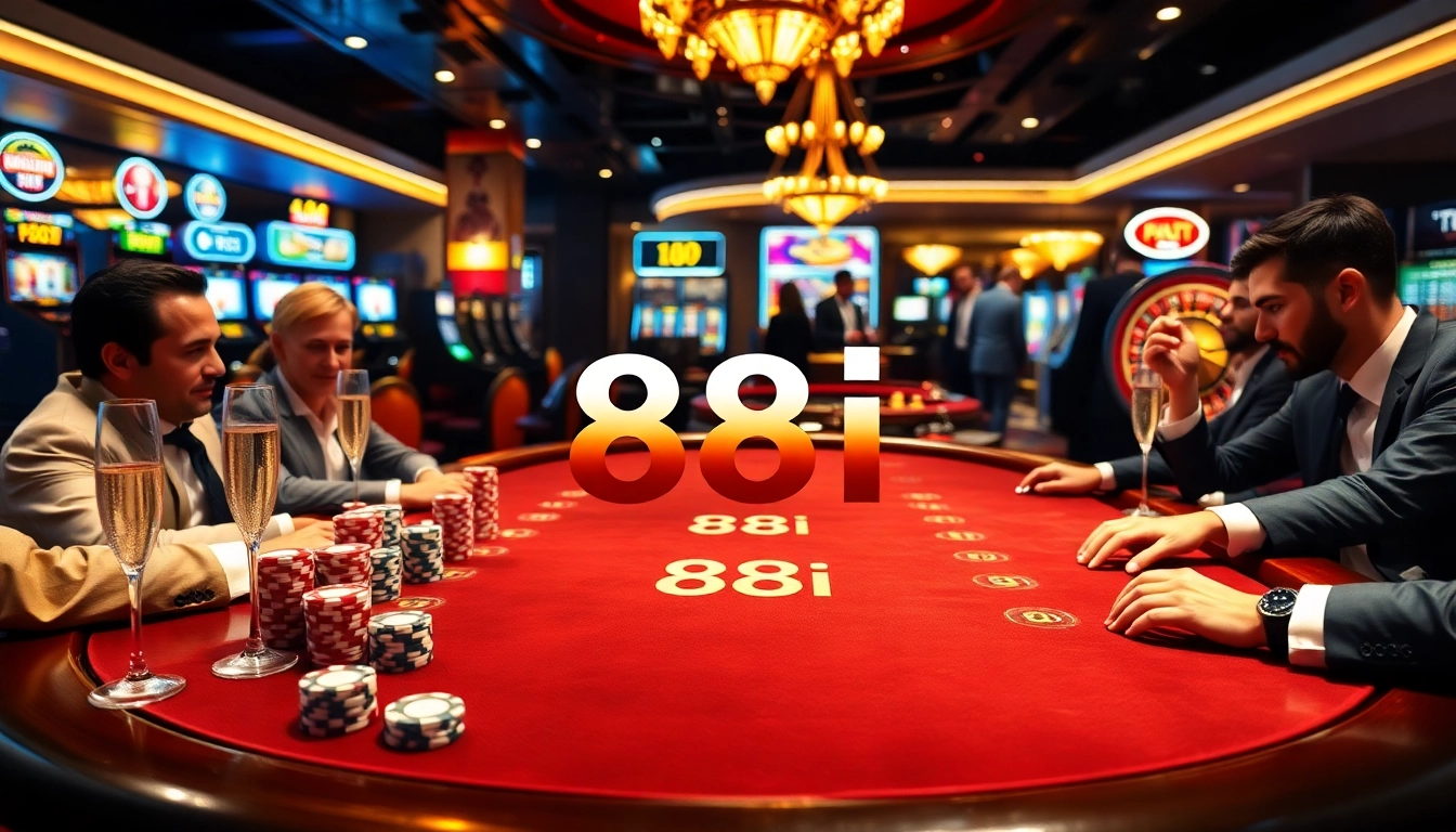 High-stakes poker game at an upscale casino featuring the 88i logo, vibrant atmosphere, and luxury decor.