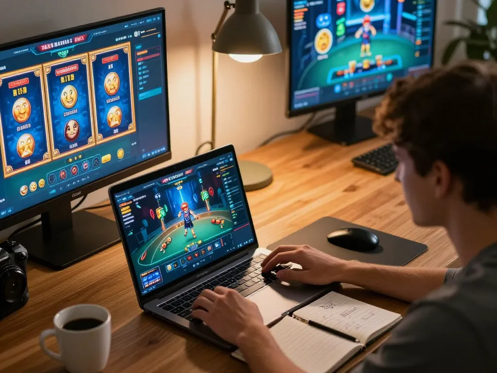 Player engaging in Ratu4d online gaming on laptop at home, showcasing modern gaming ambiance