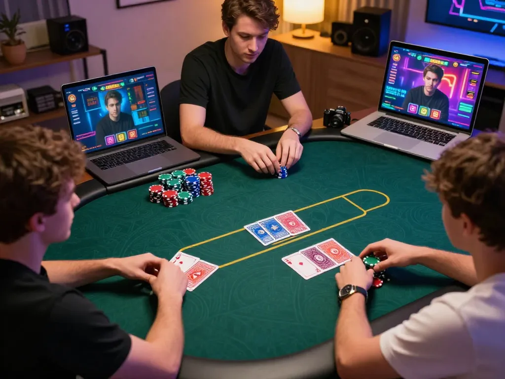 Player analyzing hands at an online poker table in a vibrant home setting, showcasing F8beta2 ink gameplay strategy.
