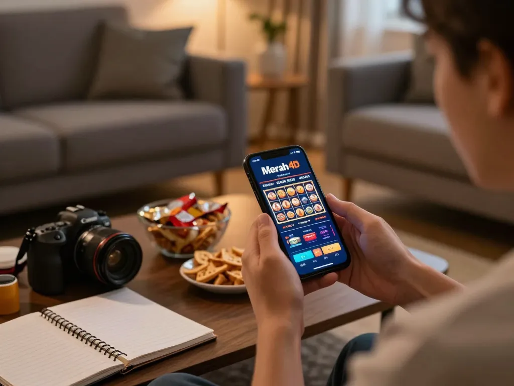 Berinteraksi dengan aplikasi kasino merah4d di smartphone dalam suasana rumah yang nyaman.