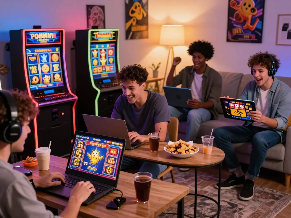 Excited players engaging with Zeus138 online slots in a modern gaming environment, vibrant graphics enhancing the atmosphere.