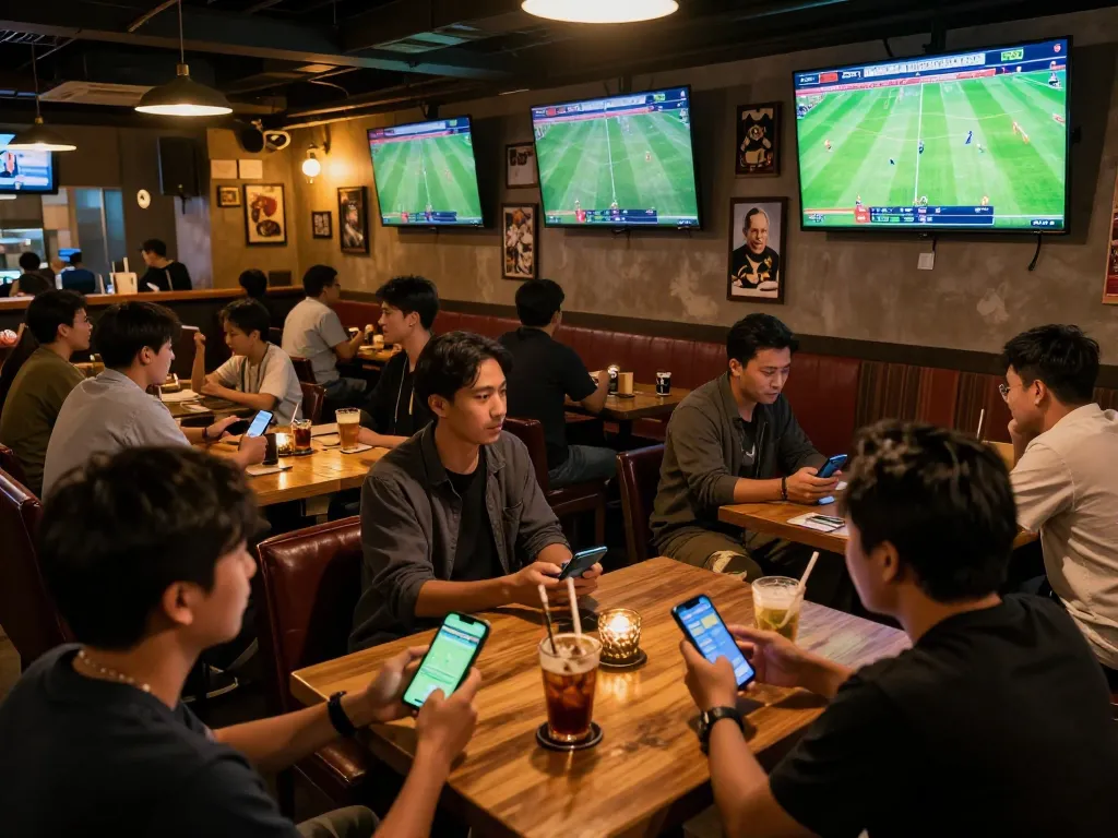 Kèo bóng đá hôm nay ambiance in a lively sports bar with patrons discussing bets.