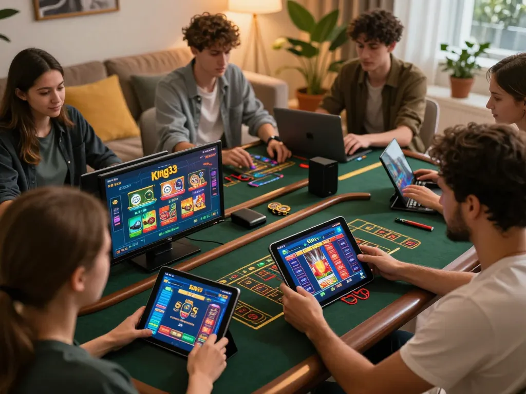 Players engaging with the king33 app for online gaming, showcasing vibrant home atmosphere.