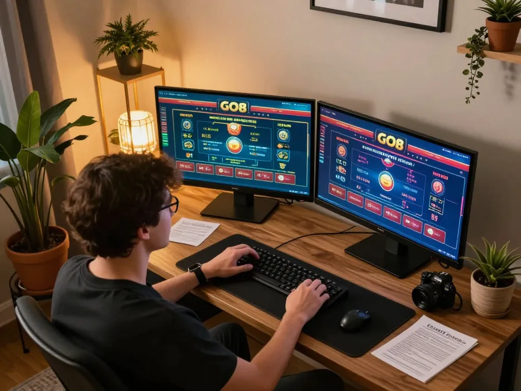Engaged player using GO8 website for online betting strategies in a cozy home setup
