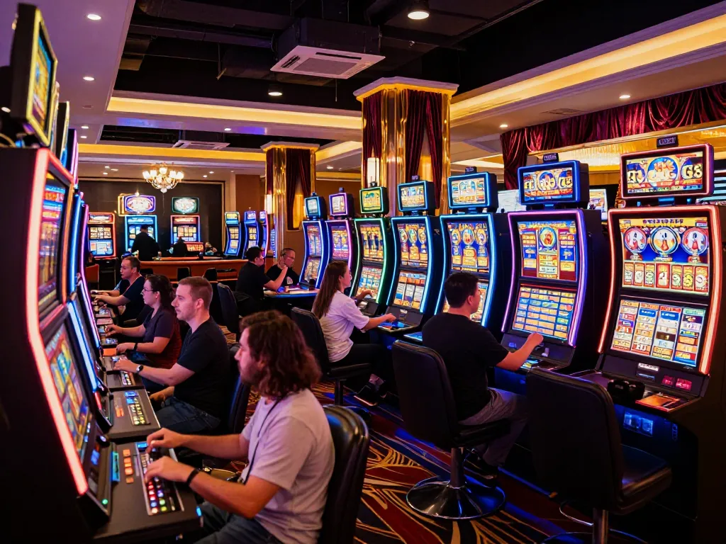 Players engaging with vibrant slot machines at king33 casino, showcasing excitement and entertainment.