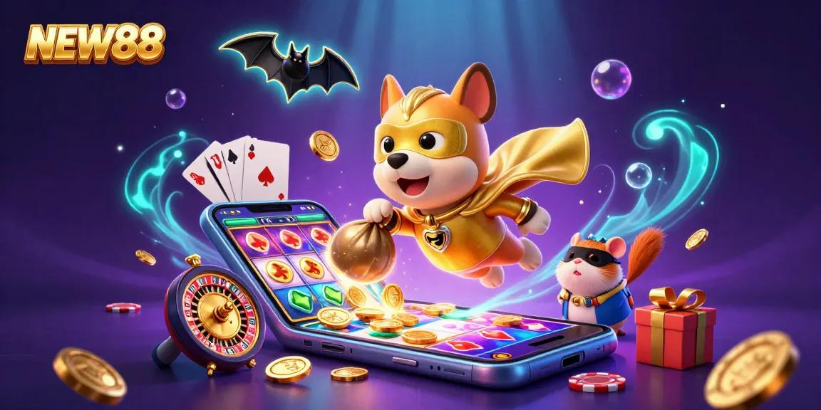 Experience the excitement of NEW88 gaming with a superhero dog and hamster amidst colorful casino elements.