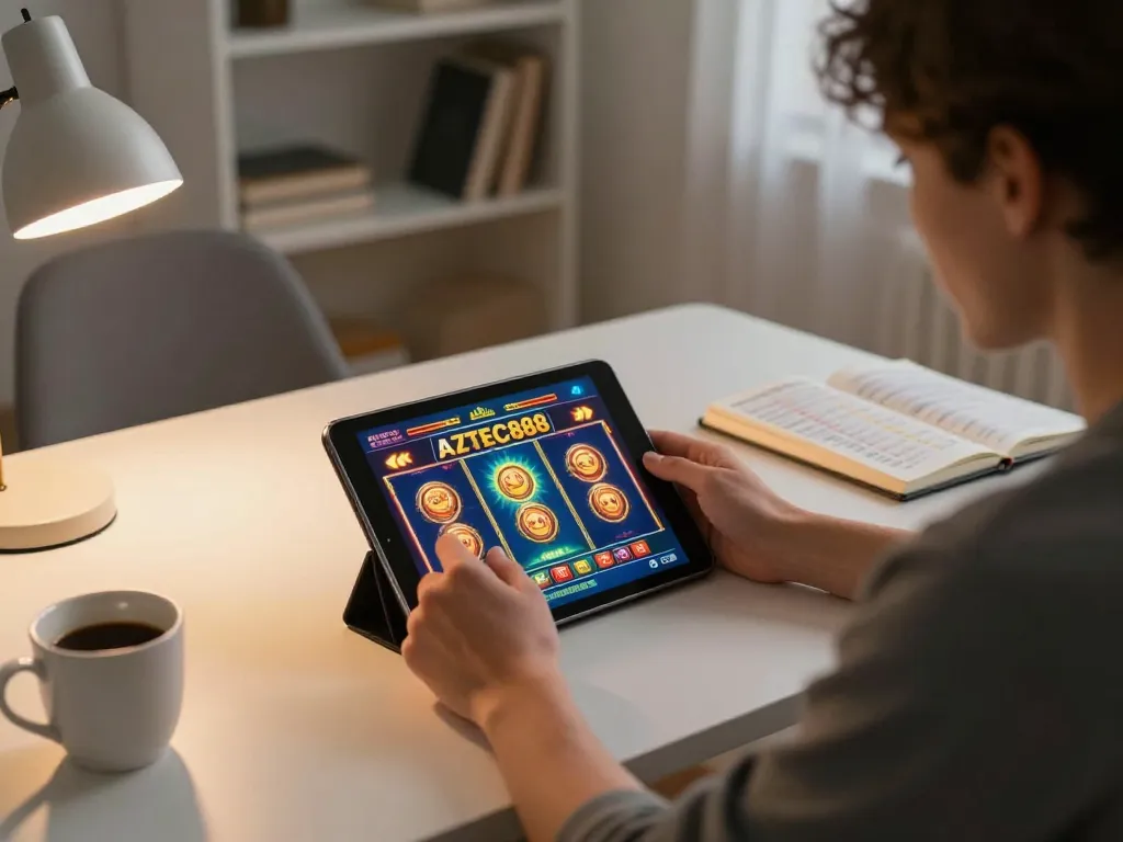 Player enjoying AZTEC888 slots on tablet at home, with notebook and coffee nearby.