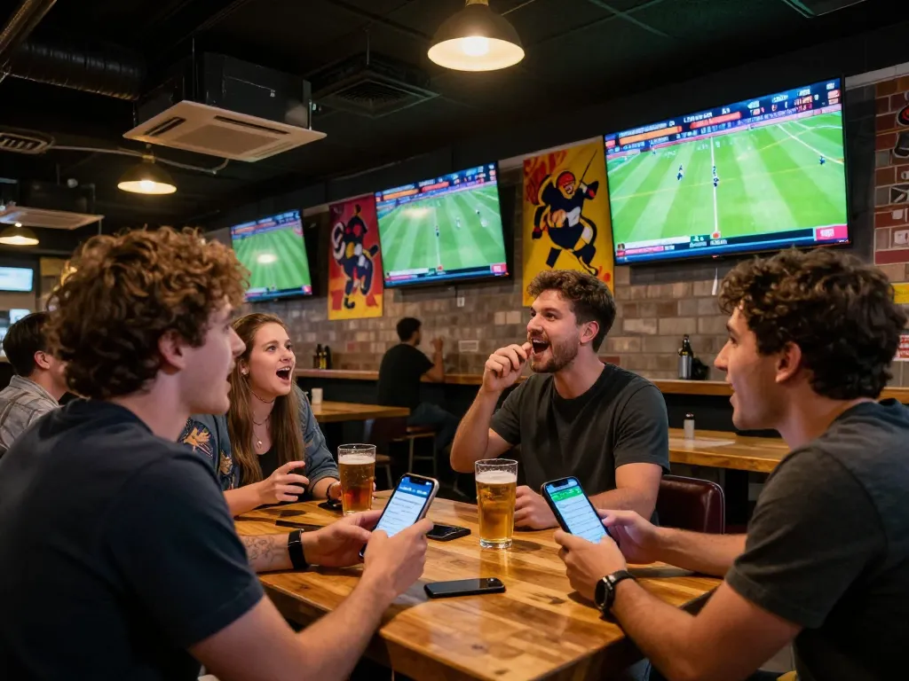 Xoilac fans enjoying a thrilling football match with drinks while strategizing their bets