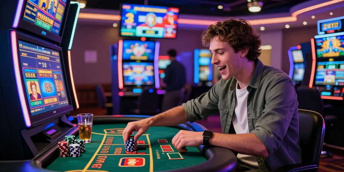 Engaged player at a casino using Mastercard for online gaming at dea.org.uk, highlighting vibrant gaming atmosphere.