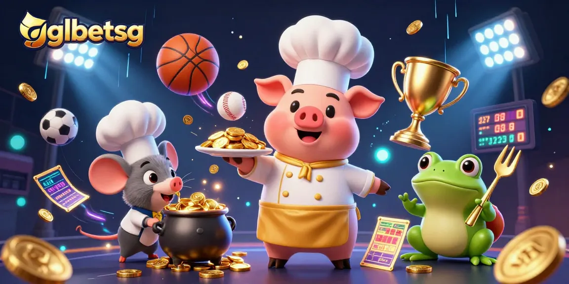 Betting on esports with gglbetsg as a cartoon chef pig serves gold coins in a lively sports scene.