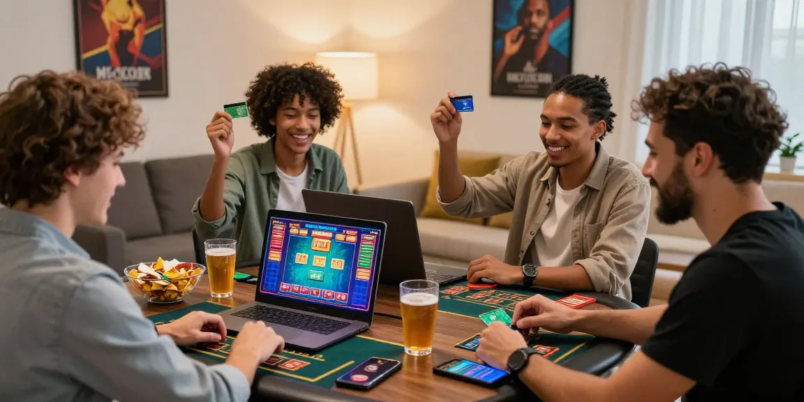 Excited players celebrating a win at credit card casinos, enjoying a lively online gaming atmosphere.