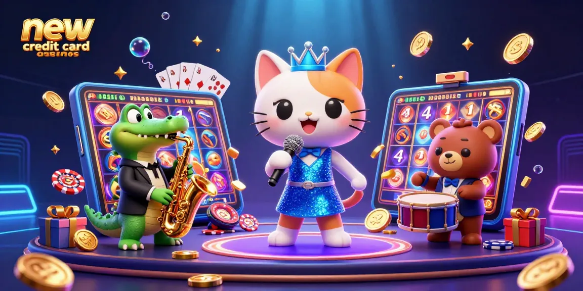 Engage with new credit card casinos featuring exciting characters and vibrant gaming elements in a lively casino scene.