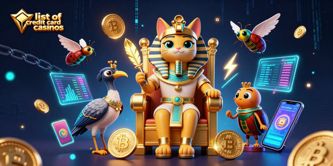 Engage with the list of credit card casinos showcasing an Egyptian pharaoh cat in a rich casino scene.