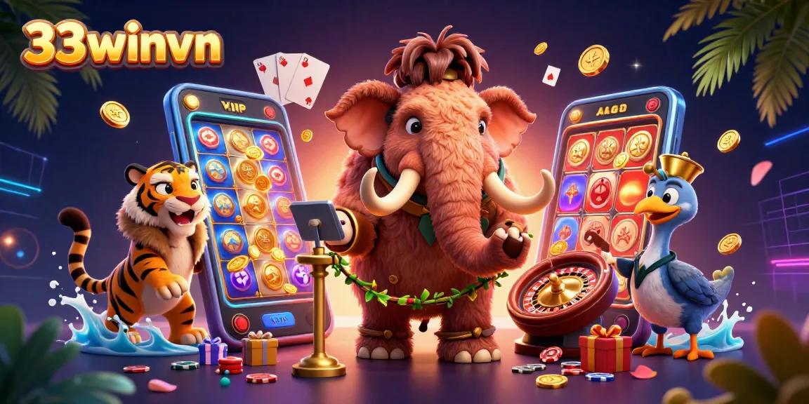 Experience thrilling games with 33winvn, featuring a vibrant casino scene with characters depicting excitement and action.