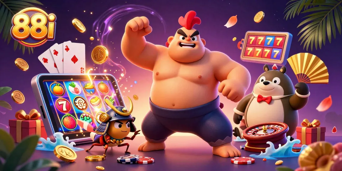 Experience the thrilling 88i casino with a powerful sumo rooster and samurai cricket amidst vibrant slot game elements.