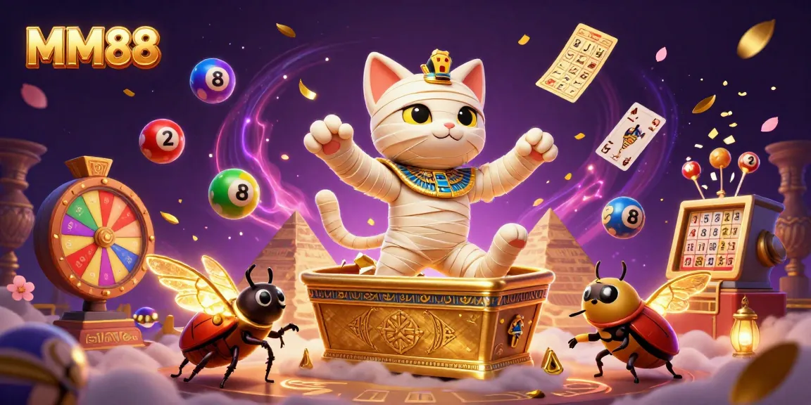 Engage in thrilling gameplay at MM88 with the dynamic Egyptian mummy cat and interactive casino elements.
