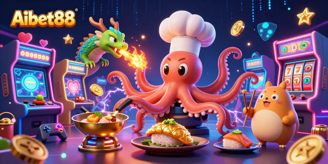 Aibet88 showcases a vibrant 3D scene with a sushi chef octopus, dragon, and tanuki, celebrating casino gaming.